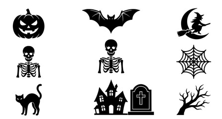 Fototapeta premium A collection of black silhouette icons representing traditional halloween symbols including pumpkins skeletons bats witches haunted houses and scary creatures