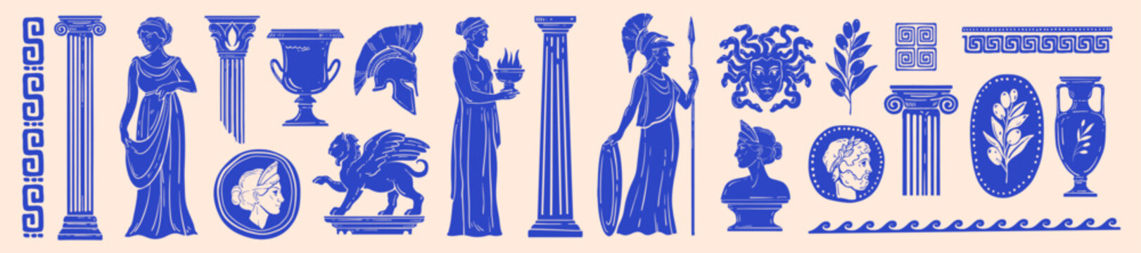 Greek ancient illustration set, hand drawn Rome mythology silhouette sign, engraving antique print. Goddess Athena sculpture, female statue, classic pillar traditional amphora. Greek mythology sticker