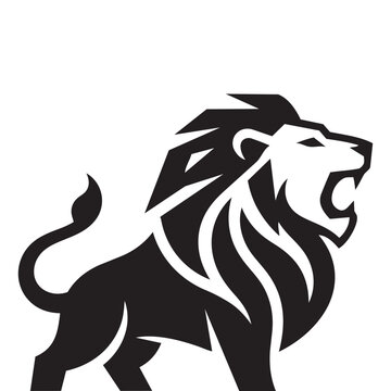 Black and white silhouette of a roaring lion standing as a bold graphic vector icon design