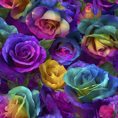 Obraz premium Vibrant seamless floral pattern with colorful roses in purple, blue, yellow, and green hues