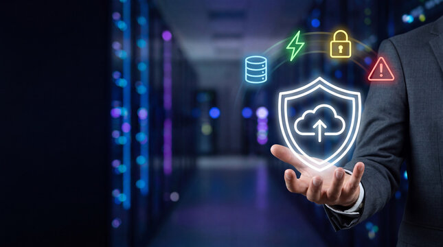 Businessman holding cloud security icon. IT expert managing digital data protection system.