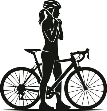 Female Cyclist Fastening Helmet Beside Road Bike Vector Silhouette