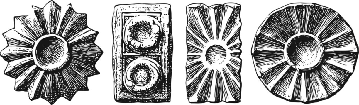 vintage floral wood stamp collection with intricate carved flower designs on rectangular and circular bases