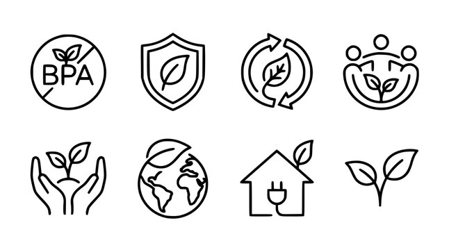 Eco-friendly environment icon set featuring BPA free symbol, non-toxic label, sustainability, community, environmental protection, green planet, eco house, and plant icons, clean minimalist black outl