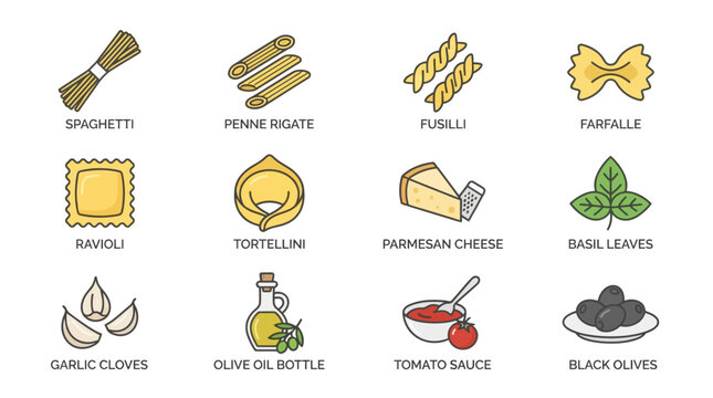 Colorful Illustrated Collection of Italian Pasta and Ingredients.