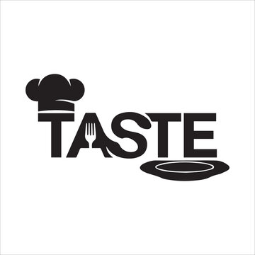 Creative taste logo design with chef hat fork and plate symbol