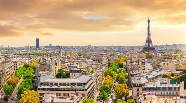 Stunning sunset panorama of Paris with Eiffel Tower from Arc de Triomphe, France