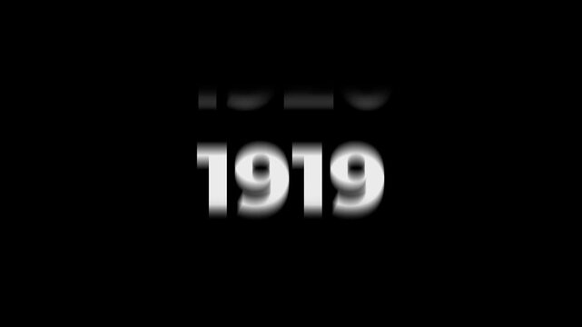 Reverse 118 year counter animation scrolling back from 2026 to 1908. White 3D text on black background. Going back in time flashback and history timeline motion graphics concept.