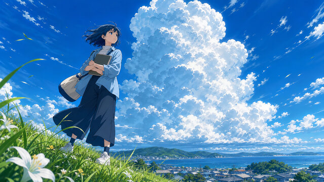 Anime girl standing on a summer hillside watching towering cumulonimbus clouds over a seaside town, 入道雲と海辺の町を見上げる夏の丘の少女 アニメ風イラスト
