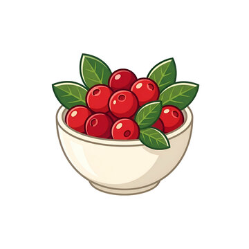 Bowl of Fresh Red Cranberries with Green Leaves Illustration