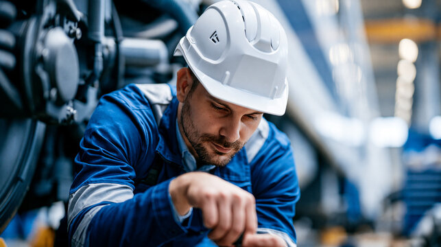 Faceless train mechanic wearing a white hard hat and blue uniform lying on a creeper to inspect and repair the undercarriage of a modern train, dedicated technical maintenance