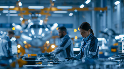 Obraz premium Aerospace manufacturing facility with faceless workers assembling aircraft components in an industrial workshop, teamwork and engineering technology in production, with copy space