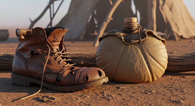 Worn Leather Boot and Canteen Rested on Sandy Ground in a Barren Desert Landscape with Tent Structures
