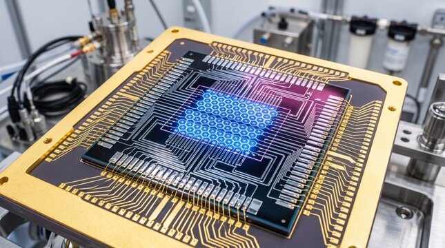 Close up of advanced quantum computer processor chip with glowing blue hexagonal core inside high tech laboratory equipment