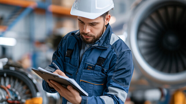 Bearded young aviation mechanic checking aircraft components at a repair station, technical inspection concept, aerospace maintenance lifestyle, with copy space