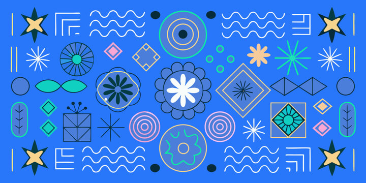 Geometric floral ornament and star shapes on a blue background