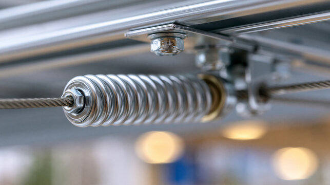 The coiled spring on a garage door cable assembly mounted in a ceiling track, home hardware mechanism detail, with copy space