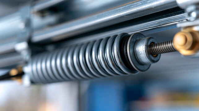 The coiled spring on a garage door cable assembly mounted in a ceiling track, home hardware mechanism detail, with copy space