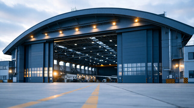 Large industrial hangar with open doors on a concrete airfield, arched roof structure sheltering aircraft for storage or maintenance, wide entrance revealing a dark interior