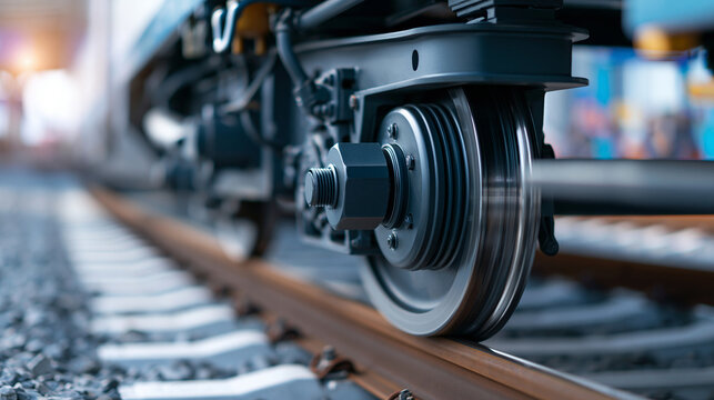 Train bogie railway wheel suspension track detail, close-up of transportation engineering components, with copy space