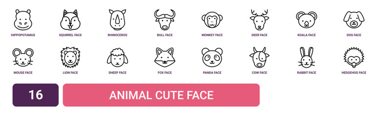 Set of 16 outline web Animal Cute Face icons such as hedgehog face, rabbit face, cow face, panda fox sheep lion vector icons for report, presentation, diagram, web design, mobile app © Benjamin