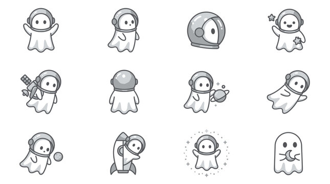 Grey ghost astronaut icons and space elements.