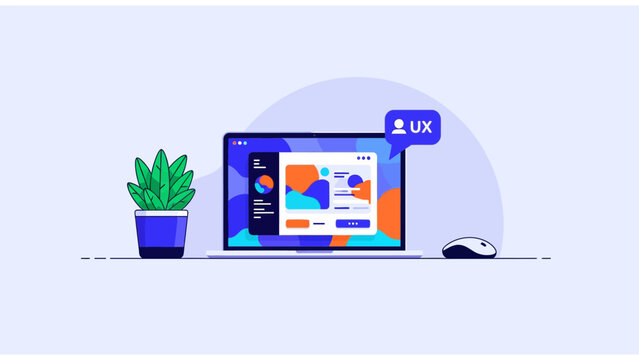 Modern UX Design Workspace featuring laptop with colorful interface, potted plant, and mouse ideal for web development blogs and tech presentations.