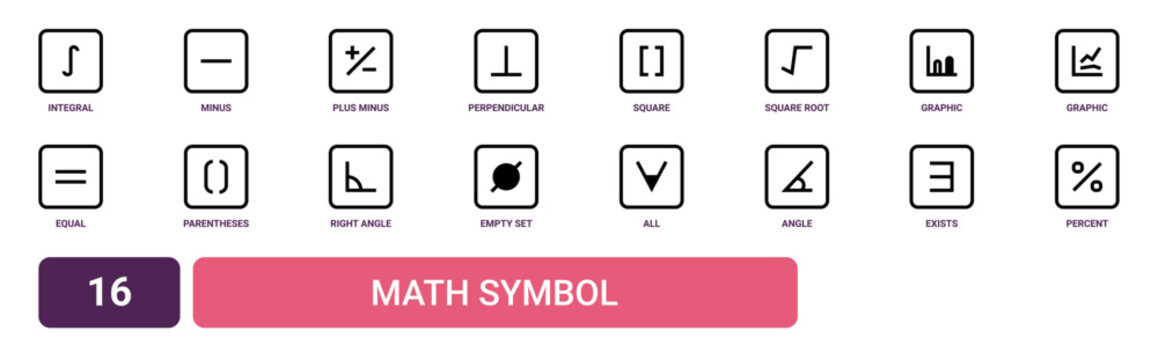 Set of 16 outline web Math Symbol icons such as percent, exists, angle, for all, empty set, right angle, parentheses vector icons for report, presentation, diagram, web design, mobile app