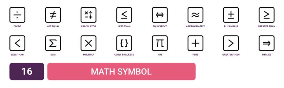 Set of 16 outline web Math Symbol icons such as implies, greater than, plus, phi, curly brackets, multiply, sum of vector icons for report, presentation, diagram, web design, mobile app
