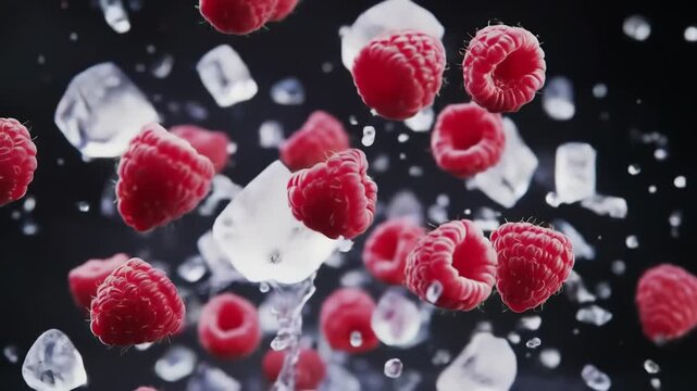 Macro shot of red raspberries exploding with water splashes and ice particles against a black backdrop, showing dynamic motion and frozen liquid droplets.