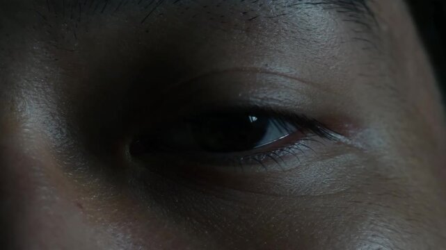 Extreme macro shot zooming in on a human eye iris and pupil reflecting light, showing fine detail of veins, skin texture, and eyelashes in dark ambient light.