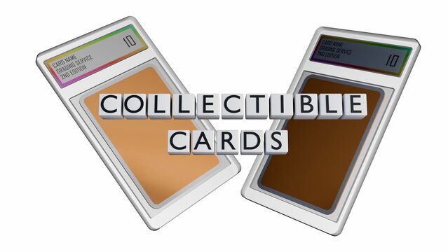 A 3D rendering of sealed graded trading card slab and square tile blocks spell out the bold text "COLLECTIBLE CARDS". The authenticated collectibles.