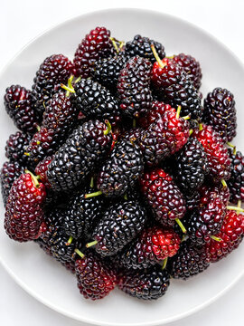 Top view of fresh juicy mulberries in a white bowl isolated on a white background.