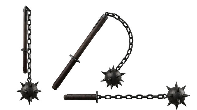 Three morning star flail weapons, medieval combat armory and historical knight equipment concept