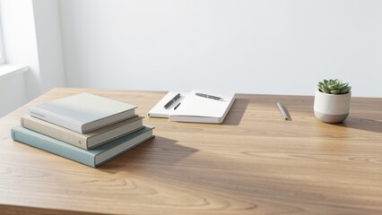 Fototapeta premium bright modern executive workspace desk with minimalist stationery books and succulent plant for business branding copy space