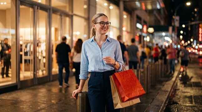 Smiling young woman with shopping bags on city street at night, happy female shopper in front of retail store windows, urban consumerism lifestyle