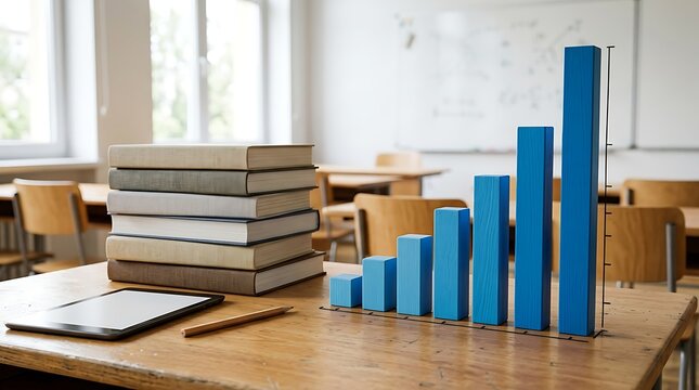 Books and Blue Wooden Blocks on a Classroom Desk with a Tablet and Pencil Featuring Education, Learning, Study with School