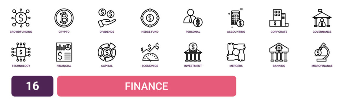 Set of 16 outline web Finance icons such as microfinance, banking, mergers and acquisitions, investment banker, ecomonics, capital allocation, financial reporting vector icons for report,