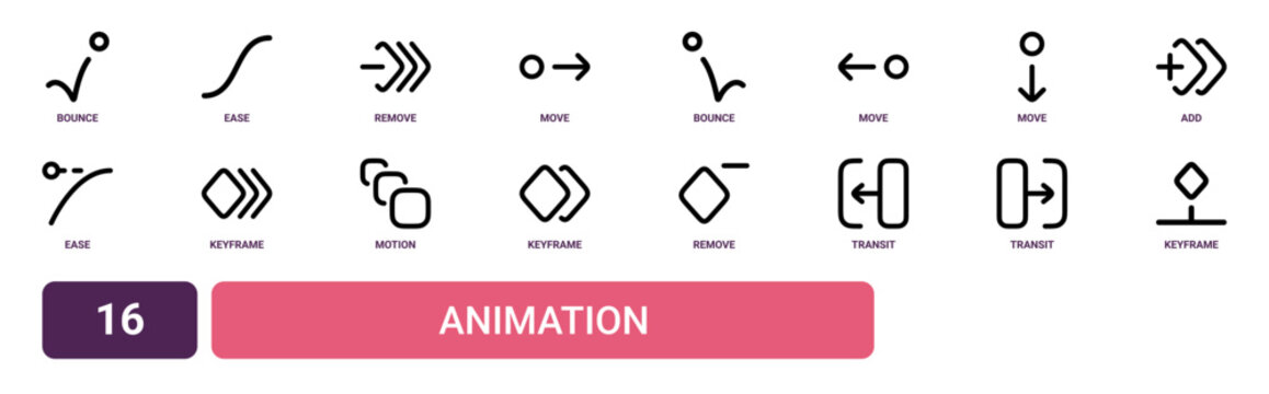 Set of 16 outline web Animation icons such as keyframe, transit, transit, remove, keyframe, motion, keyframe vector icons for report, presentation, diagram, web design, mobile app