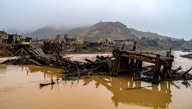 Devastation and destruction, a flooded village with ruined buildings and debris from a natural disaster, showing aftermath of flood