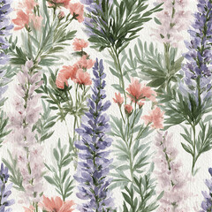 Obraz premium Watercolor floral pattern with purple and pink flowers and green leaves creating soft natural