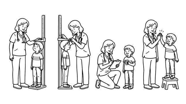 Four child height measurement black indie line art character set