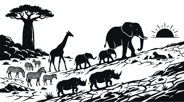 Silhouettes of African wildlife including elephants giraffes lions and zebras roaming across a savannah landscape
