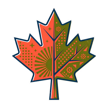 Stylized Maple Leaf Graphic with Geometric Patterns and Icons
