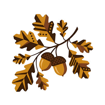Stylized Autumn Oak Branch with Acorns Illustration on Black