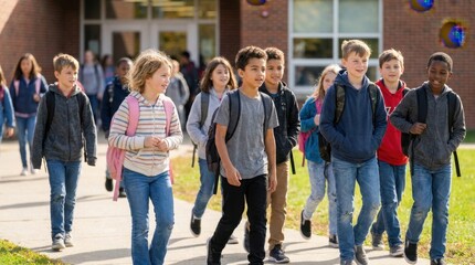 Naklejka premium Diverse group of elementary school children walking together outside school building.