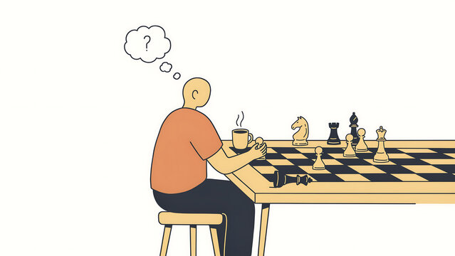 Minimalist illustration of man playing chess, pensive player thinking about strategy, conceptual art of mental challenge and logic