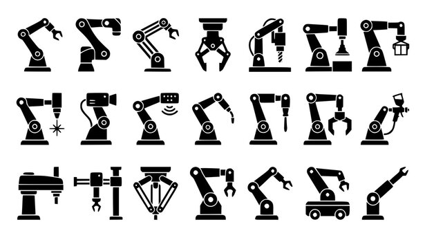 Robotic Hand Manipulator Silhouette Vector Collection for Smart Factory Automation and CNC Industry