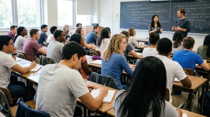 Obraz premium Diverse group of students in a brightly lit classroom with a teacher instructing.