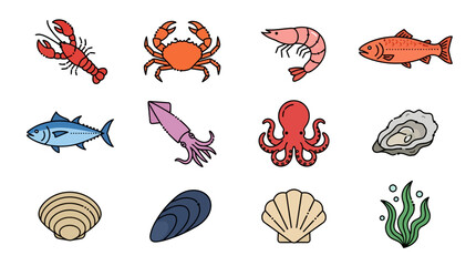 Colorful Illustrated Collection of Seafood and Marine Life. © Pono